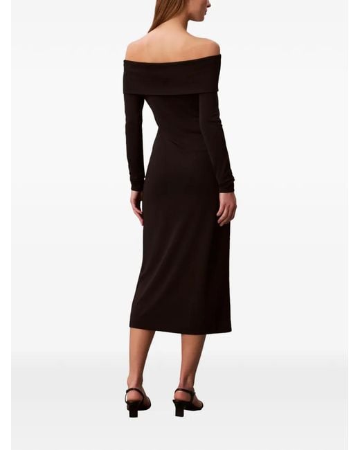Calvin Klein Black Off-Shoulder Long-Sleeved Midi Dress