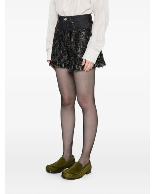 Sacai Tweed Denim Shorts Met Franje in het Black