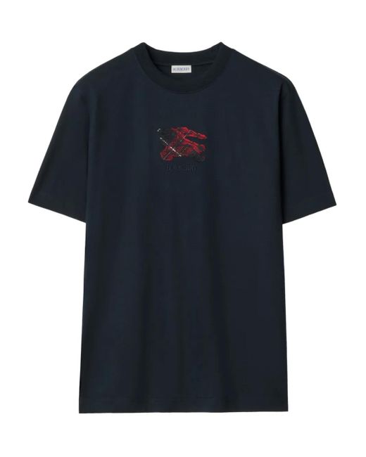 Burberry Blue Embroidered Cotton T-Shirt for men