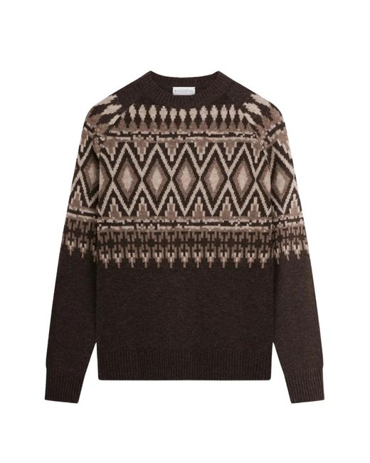 Ballantyne Brown Geometric-Intarsia Raglan-Sleeve Jumper for men
