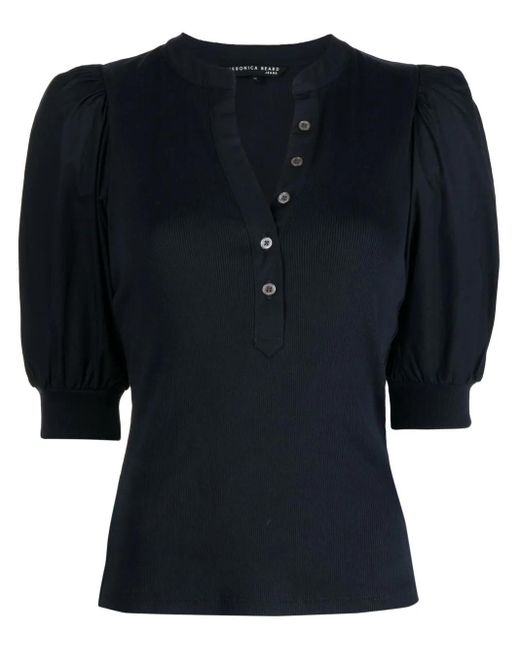 Veronica Beard Black Button-Up Puff Sleeves Top