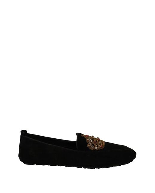 Dolce & Gabbana Black Crown-Embellished Suede Loafers for men