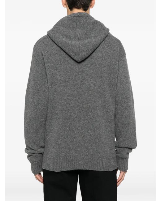 Seven Gauge Gray Ribbed-Pocket Knit Hoodie