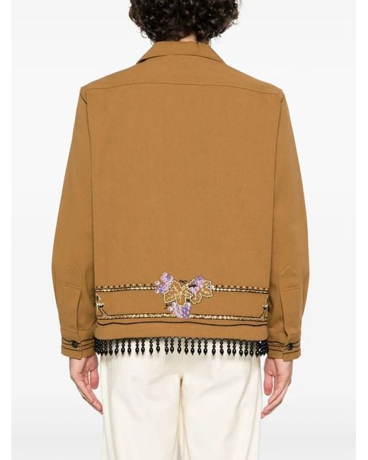 Bode Brown Autumn Royal Floral-Embroidered Shirt Jacket for men