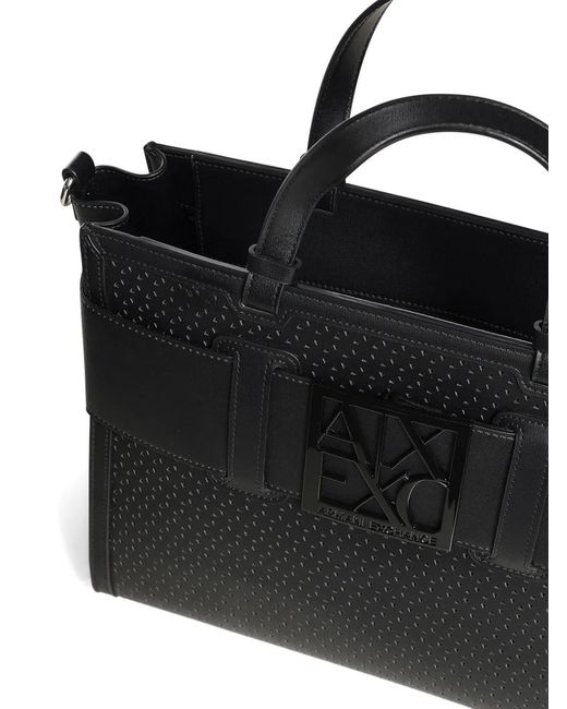 ARMANI EXCHANGE Black Logo Plaque Perforated Shoulder Bag
