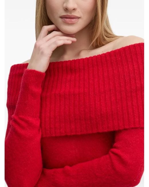 Sisley Red Off-Shoulder Ribbed-Knit Sweater