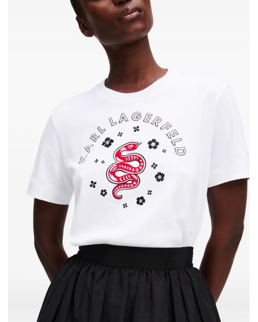 Karl Lagerfeld White Snake-Floral Embroidered T-Shirt