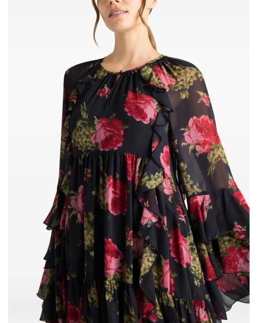 Cinq À Sept Black Emelia Ruffled Baroque-Roses Mini Dress