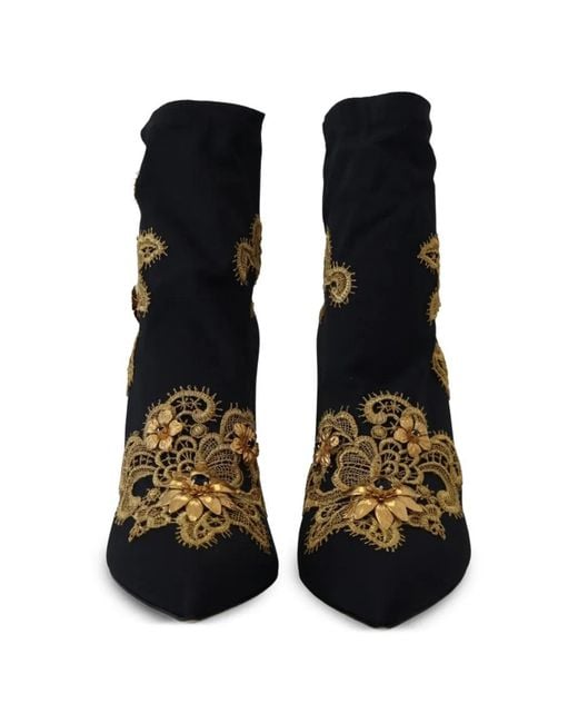 Dolce & Gabbana Black Lace-Appliqué Crystal-Embellished Ankle Boots