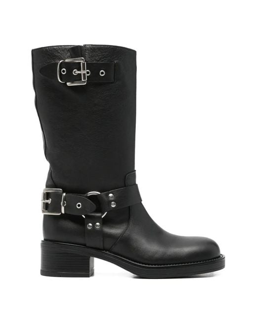 GISÉL MOIRÉ Black Chester Buckled Biker Boots