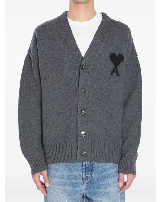 AMI Gray Heart-Logo Button Cardigan