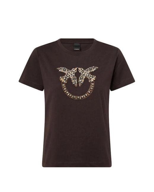 Pinko Black T-Shirt With Love Birds Jewel Maxi Embroidery