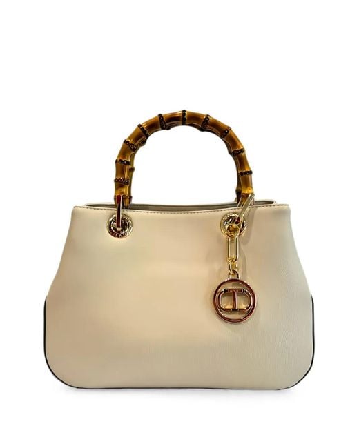 Twinset Metallic Bamboo-Handle Grained Tote Bag