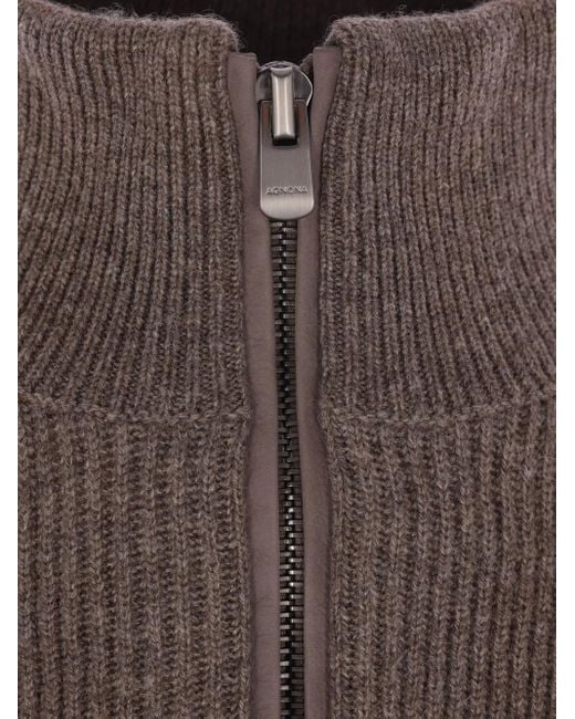 Agnona Gray Ribbed High-Neck Zip-Front Cardigan for men