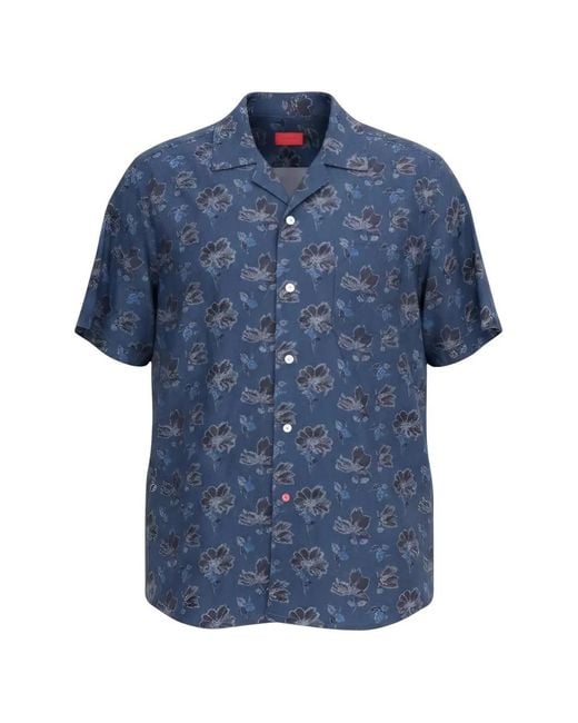 Isaia Blue Floral-Print Short-Sleeve Shirt for men