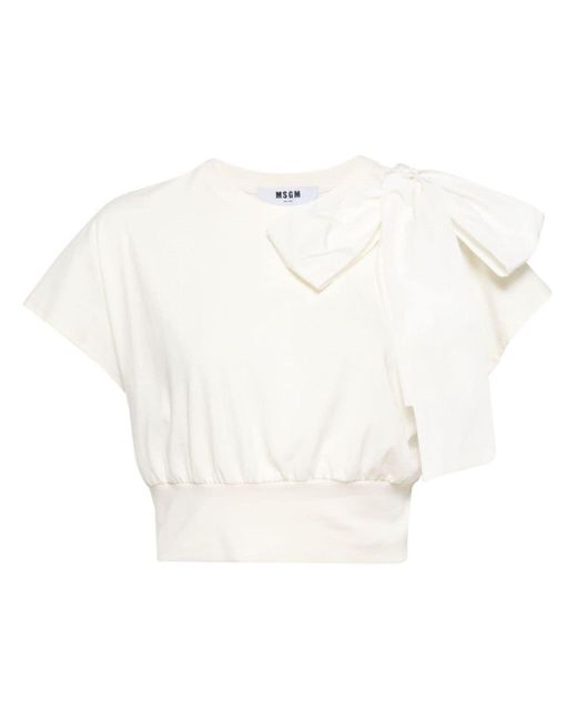 MSGM White Oversize-bow Detail Cotton T-shirt