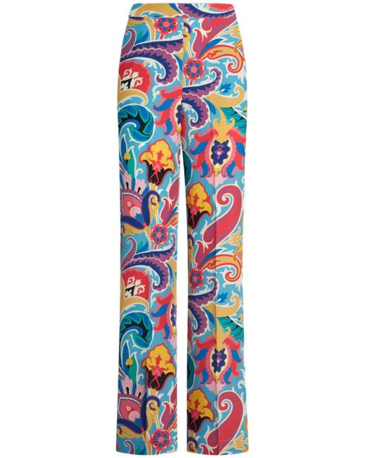 Etro Blue Floral-Print Silk Palazzo Pants