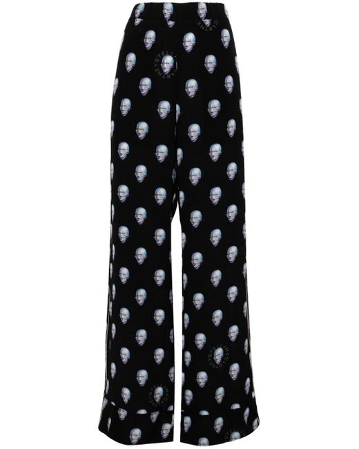 Stella McCartney Black Graphic-print Wide-leg Silk Trousers