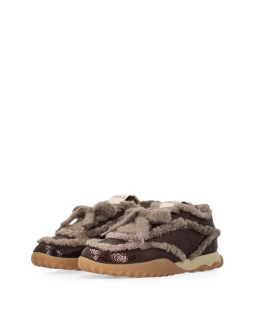 Pinko Brown Cracked-Effect Shearling-Trim Sneakers