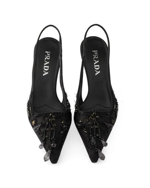 Prada Black Embroidered Satin Slingback Pumps