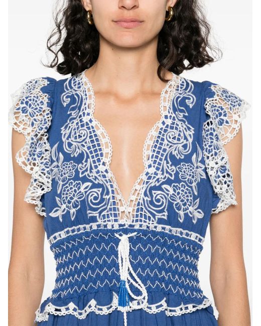 Farm Rio Blue Embroidered Linen-Blend Maxi Dress