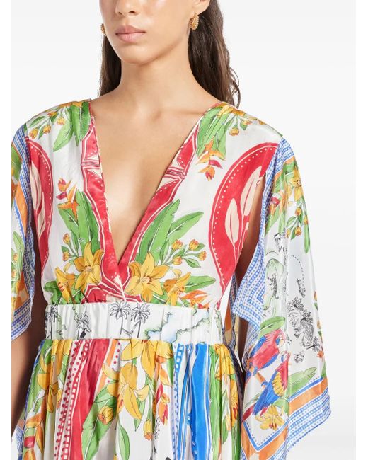 Farm Rio White Tropical Destination Kimono Sleeve Midi Dress