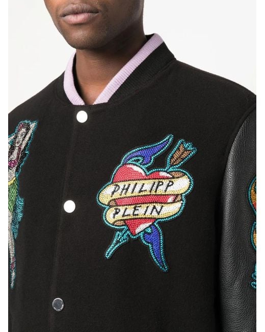 Philipp Plein Black Embellished College Bomber Jacket for men