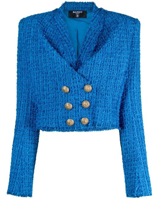Balmain Blue Double-breasted Cropped Tweed Jacket