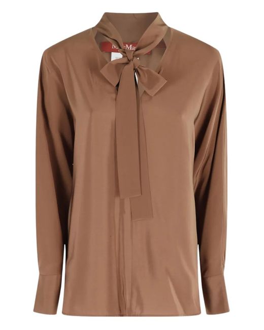 Max Mara Brown Studio Silk Blouse With Bow Collar