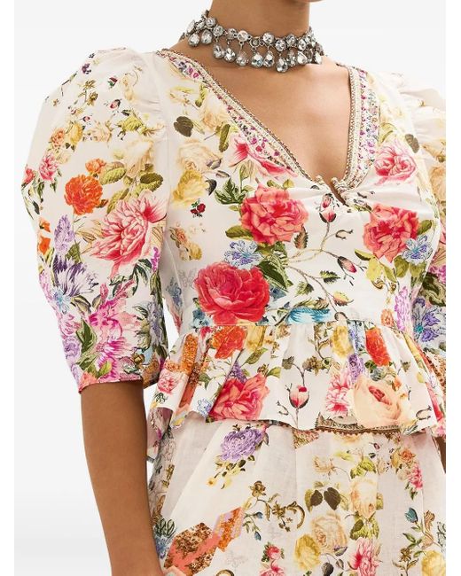 Camilla Red Puff-Sleeves Hardware Blouse