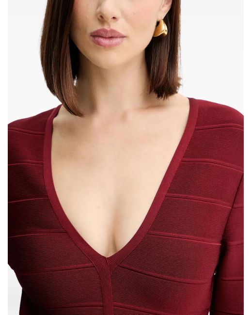 Hervé Léger Red Athena V-Neck Midi Dress