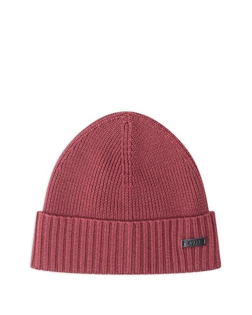 Boss Red Ribbed Beanie Hat for men