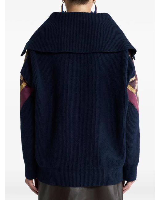 Etro Blue Wool And Cashmere Sweater With Zip And Silk Insert