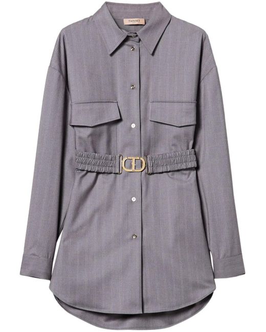 Twinset Gray Pinstripe-Print Belted Shirt