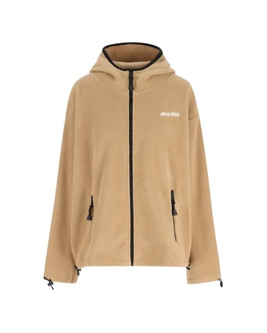 Miu Miu Natural Logo-Embroidered Zip-Up Hoodie