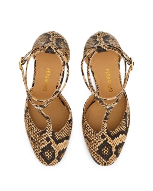 Ferragamo White Snake-Effect T-Bar Pumps