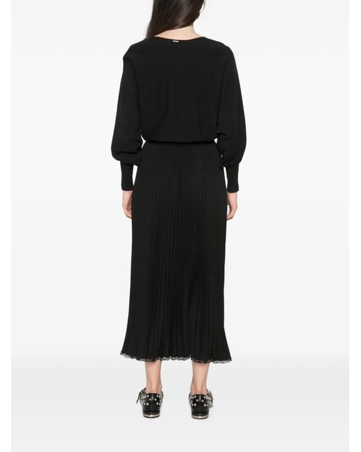 Twinset Black Pleated Lace-Trim Midi Dress
