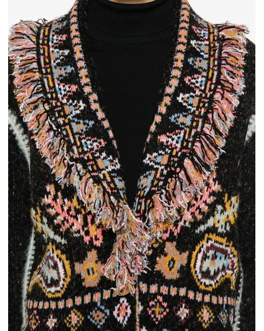 Cecilia Prado Black Isadora Fringed Patterned Cardigan