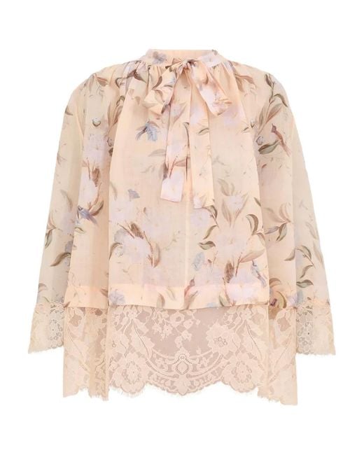 Zimmermann Natural Cascadian Lace-Trimmed Floral Blouse