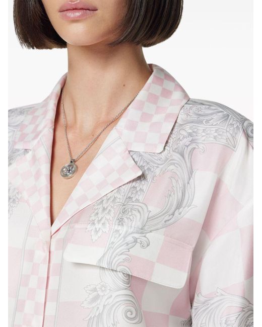 Versace White Kariertes Seidenhemd mit Barocco-Print