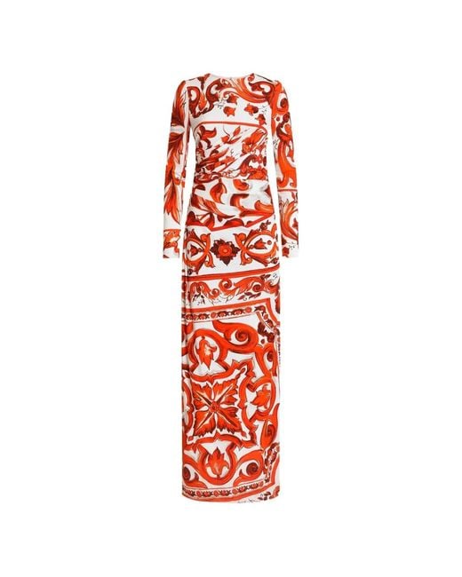 Dolce & Gabbana Red Majolica-Print Organzine Long Dress