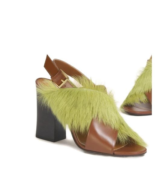 Marni Green Leather And Long-Hair Criss-Cross Sandals