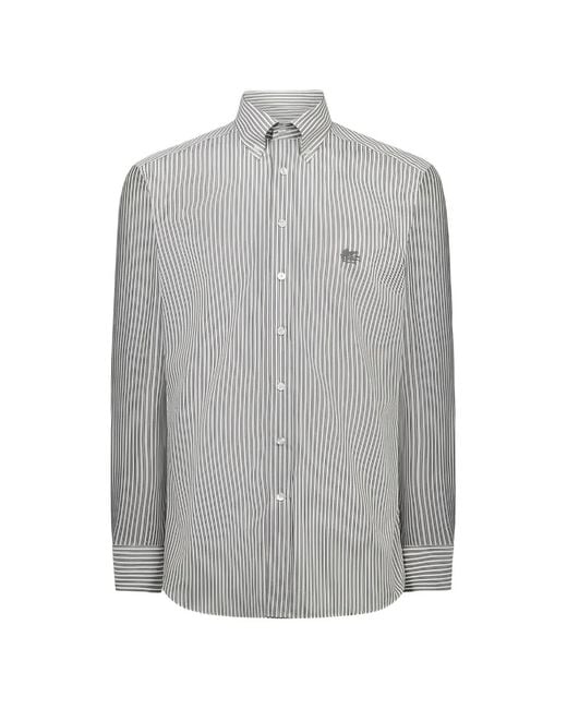 Etro Gray Striped Embroidered-Logo Shirt for men