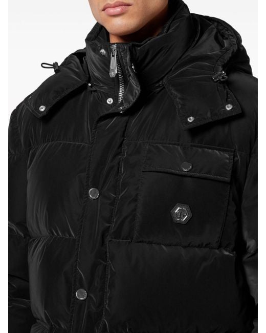 Philipp Plein Black Logo-appliqué Hooded Puffer Jacket for men