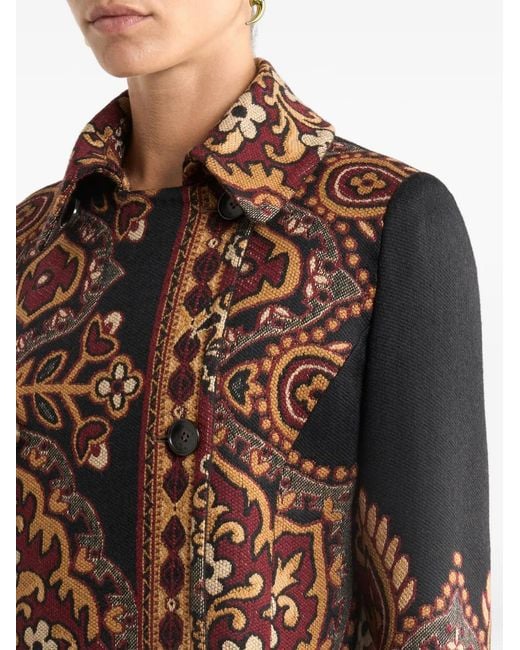 Etro Brown Double-Breasted Wool-Blend Jacquard Coat With Floral Motif