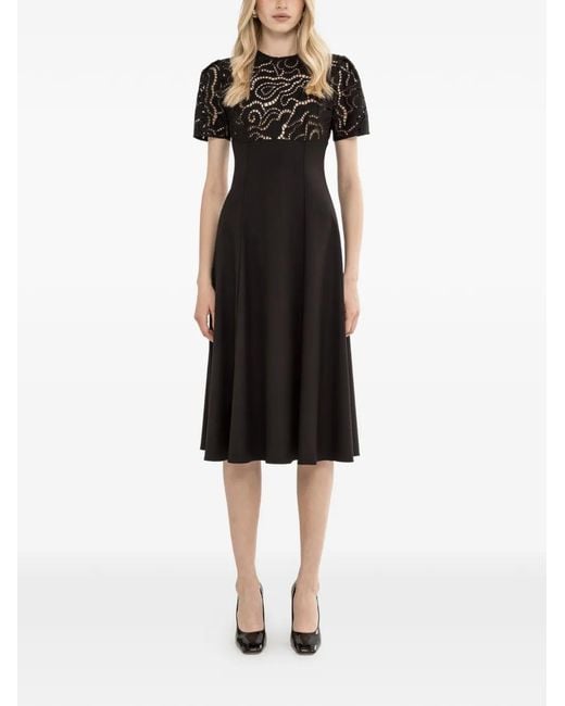 Nissa Black Floral-Embroidery Midi Dress