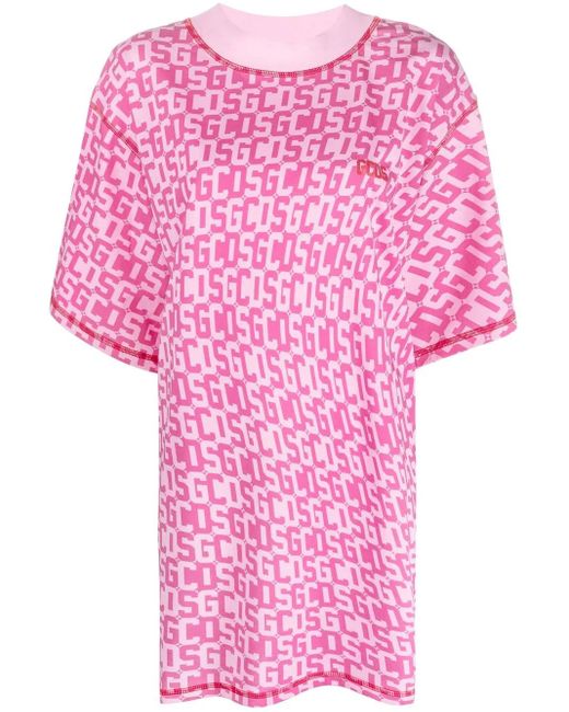 Gcds Pink Monogram-Print T-Shirt Dress