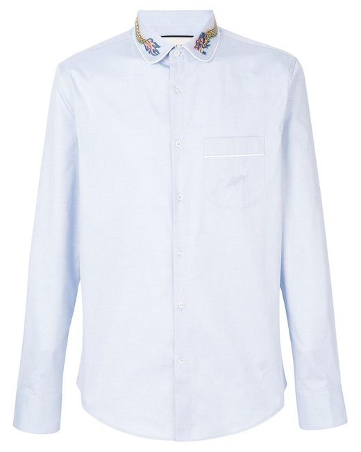 Gucci Blue Dragon Embroidered Collar Shirt for men