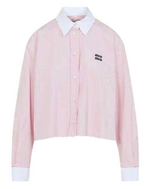 Miu Miu Blouse Met Geborduurd Logo En Franje Afwerking in het Pink