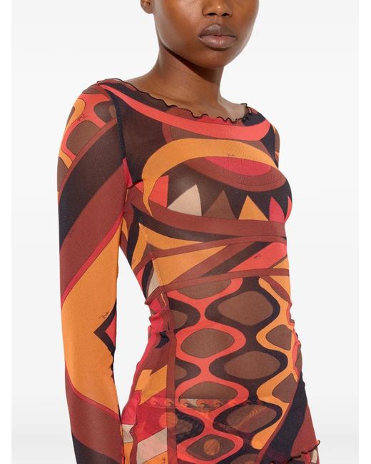 Emilio Pucci Red Vivara-Print Tulle Top
